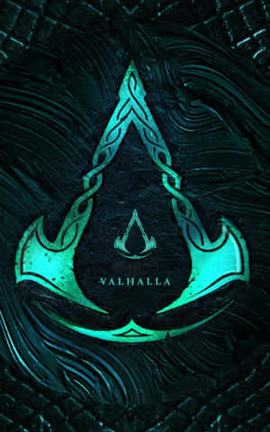 Assassin's Creed Valhalla 標誌在深色石紋上發出青綠色光芒 — Realme Pad 2 Lite 壁紙