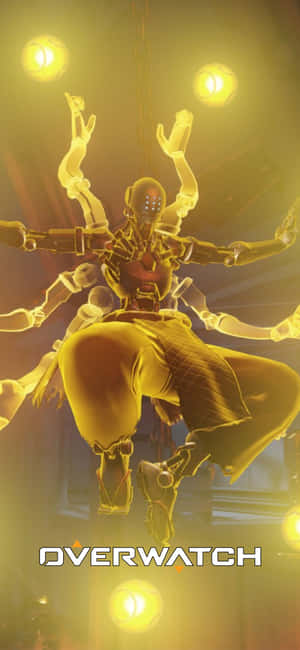 Overwatch角色，有多隻手臂，在黃色照明的競技場中發光。 — Galaxy S21 Ultra 壁紙