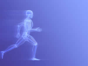一個發光藍色骨骼以動態姿勢奔跑。 — Running 壁紙