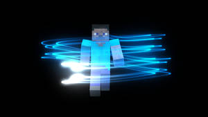 像素化Minecraft角色在黑色背景上發出藍色能量軌跡的光芒。 — 我的世界 史蒂夫 壁紙