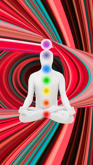 白色冥想人物，帶有發光的脈輪，背景是旋轉的彩色圖案。 — 美麗的藍色 壁紙