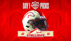 Birmingham Stallions 美式足球頭盔圖形，用於 Day 1 選秀，紅色背景。 — 美式足球 壁紙