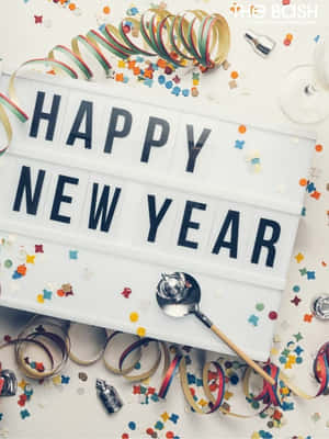 附有紙屑和香檳瓶的Happy New Year標誌，用於慶祝。 — 慶祝 壁紙