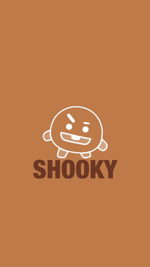 一個白色輪廓的卡通角色，帶著笑容，以及棕色背景上的SHOOKY字樣。
