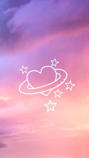 粉紫色天空中的心形行星，帶有光環和星星 — 粉嫩粉彩美學 壁紙