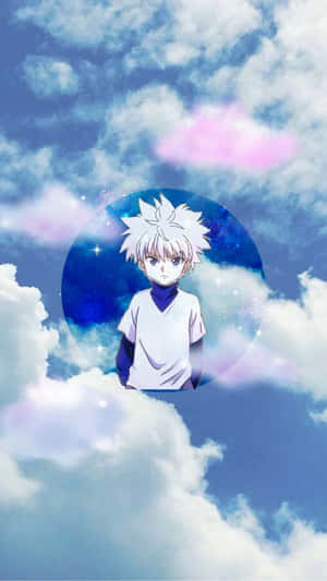 白髮動漫男孩在一個繁星球體中漂浮在雲朵之間。 — 奇犽 壁紙