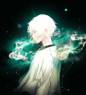 動漫白髮男孩在太空中與發光星雲和月亮 — 可愛動漫頭貼 GIF 壁紙