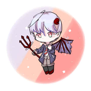 白髮紅眼的Q版動畫惡魔穿著校服手持三叉戟。 — 1:1 壁紙