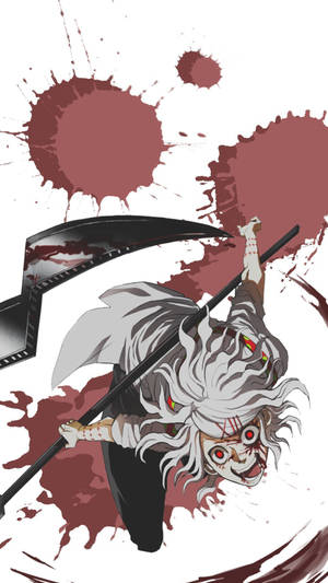 白髮紅眼的動漫惡魔在血跡中揮舞鐮刀。 — 混沌武士 壁紙