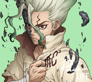 動漫角色，臉上裂痕和綠色藤蔓，薄荷綠背景。 — Dr.STONE 新石紀 壁紙