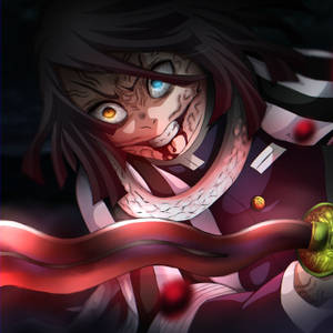 動畫惡魔，眼睛發光，嘴巴帶血，手持紅色劍。 — 伊黒小芭内 壁紙