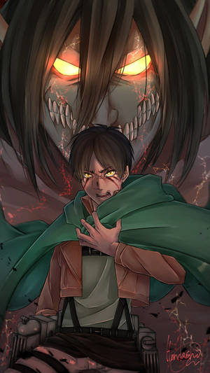 身穿綠色斗篷的動漫角色面對一個眼睛如火焰般的巨人。 — 進擊的巨人 角色 壁紙