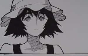 短髮寬邊帽的動漫女孩黑白素描。 — 小熊維尼狡猾 壁紙