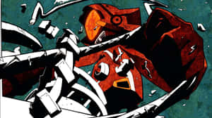 一個破損的紅白機器人碎成片片躺在青綠色背景上。 — FLCL 壁紙