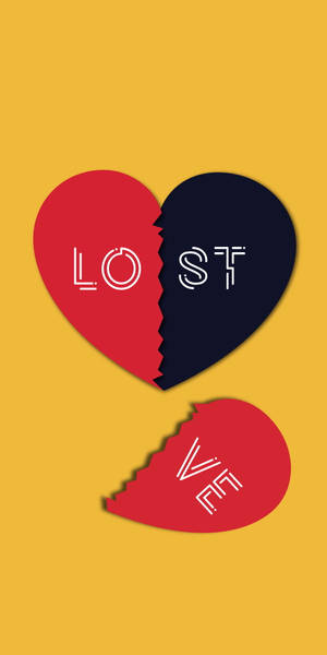 破碎心形圖案，上面有「LOST」和「LOVE」文字，背景為黃色。 — 愛情故事 壁紙