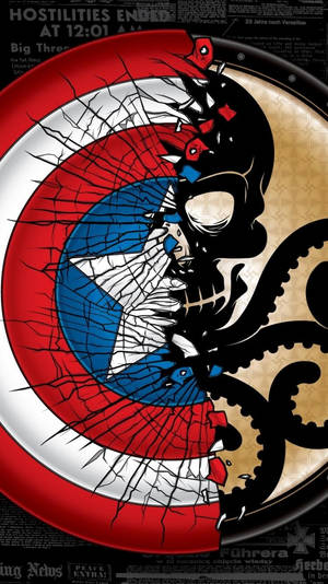 破碎的美國隊長盾牌，骷髏頭和觸手從中破出。 — 美國隊長 iPhone 壁紙