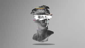 數位藝術：一個破碎的古典半身像，帶有日文文字和故障效果。 — 簡約暗黑美學 壁紙