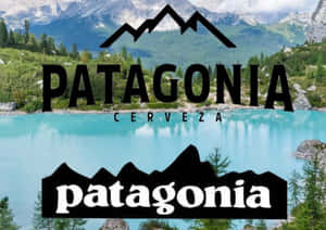 Patagonia 啤酒標誌覆蓋在山湖景色上 — 巴塔哥尼亞 壁紙