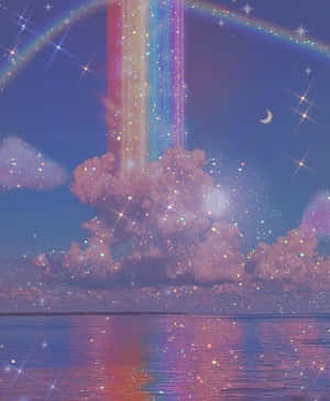 一道發光的彩虹光束從星星降落到新月下閃閃發光的海洋中。 — 彩虹美學 壁紙
