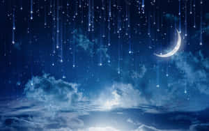 夜晚雲層上方有月亮和流星的天空場景。 — 星星 壁紙