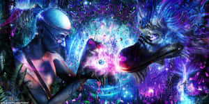人類與狼靈在超現實的霓虹景觀中交換發光的宇宙能量。 — 靈性美學 壁紙