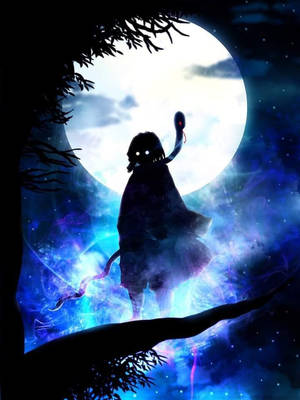 神秘動漫人物，眼睛發光，帶蛇，在滿月下的宇宙藍色天空中。 — 伊黒小芭内 壁紙