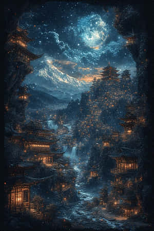 一個發光的山村，在星空下掛著燈籠，伴隨著發光的月亮和積雪的山峰。 — 洛米安傳奇 壁紙