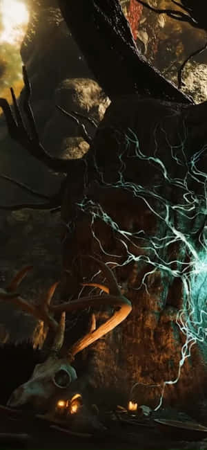 神秘的森林，有發光的閃電、鹿頭骨和蠟燭。 — 電玩遊戲 GIF 壁紙