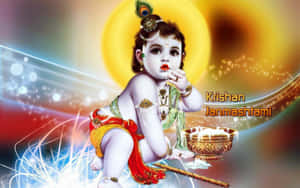 嬰兒克里希納拿著笛子，帶有發光的碗和宇宙背景，用於慶祝Janmashtami。 — 熱氣球 壁紙