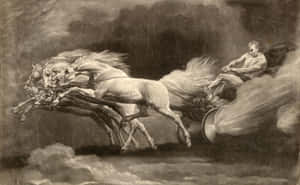 一位神駕駛著由四匹馬拉著的戰車穿過暴風雲層。 — 魔法森林 壁紙