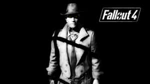 穿著 trench coat 和 fedora 帽的 Fallout 4 角色，黑色背景 — 16:9 壁紙