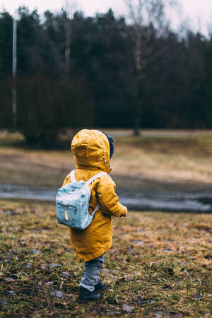 一個穿著黃色雨衣和藍色背包的小孩走過一片濕草地。 — 寶寶 壁紙