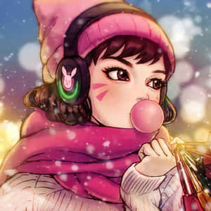 穿著冬季裝備的動漫女孩在雪中吹泡泡糖 — 可愛動漫女孩 壁紙
