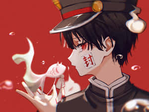 穿著制服的動畫男孩在紅色背景前抱著白色精靈 — 花子君 壁紙