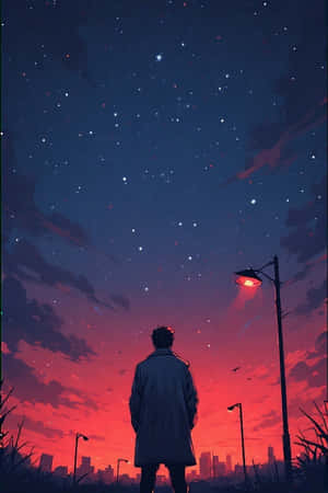 一個穿著外套的人黃昏時獨自站在星空下，伴隨著發光的路燈和城市天際線。 — 星星 壁紙