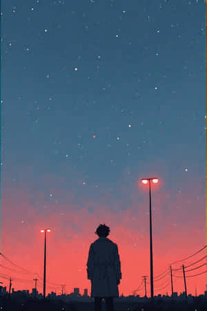 一個穿著外套的人站在暮色中的街燈下，天空中有星星的剪影 — 星星 壁紙