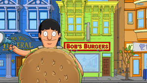 卡通角色穿著漢堡服裝在城市街道上拿著擴音器，背景有Bob's Burgers餐廳。 — 卡通 壁紙