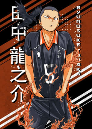 動漫排球選手高橋龍之介，伴隨著火焰和烏鴉，身穿隊服。 — 場 圭介 壁紙