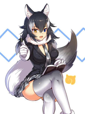 穿著校服、拿著筆和筆記本的狐狸耳朵動漫女孩。 — 狼少女 壁紙
