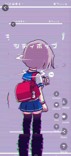 穿著校服、背著紅色背包的動漫女孩，站在故障風格的紫色背景前。 — Pixel 9a 壁紙