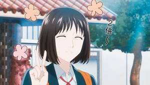 穿著校服的動畫女孩眨眼並做出和平手勢，周圍有飄浮的櫻花。 — 黒死牟 壁紙