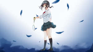穿著校服的動漫女孩拿著羽毛球拍，藍色羽毛飄浮。 — 羽球 壁紙