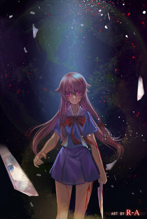 穿著校服的動漫女孩被漂浮的玻璃碎片和紅色粒子包圍。 — 我妻由乃 壁紙