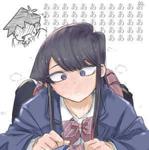 穿著校服的動漫女孩看起來很沮喪，周圍漂浮著日文文字和素描。 — 無尾熊 壁紙