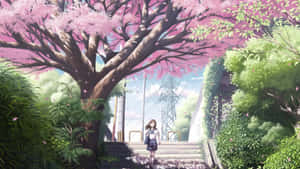 穿著校服的女孩在盛開的櫻花樹下行走，花瓣飄落。 — 櫻島麻衣 壁紙
