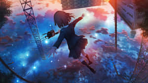 穿著校服的女孩在星星和漂浮建築之間漂浮於日落時分。 — 動畫風景動圖 壁紙