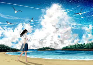 穿著校服的女孩在海灘上赤腳行走，海鷗在頭頂飛翔。 — 海灘 壁紙