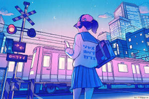 穿著校服的女孩在暮色天空下的火車站，城市燈光。 — 動畫女孩 壁紙