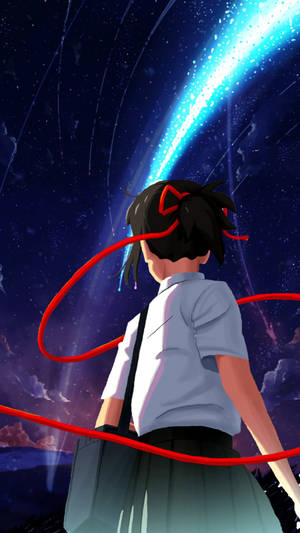 穿著校服的動漫女孩在繁星點點的夜空中觀看藍色彗星。 — 曉組織手機 壁紙