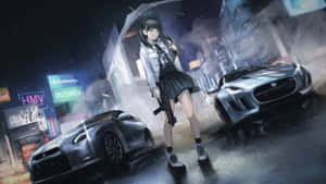 動漫女孩拿著雨傘和步槍站在下雨的霓虹城市中，有豪華汽車。 — 動漫汽車 壁紙
